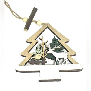 Tree Shaped Green and White Reindeer in a Forest Christmas Ornament